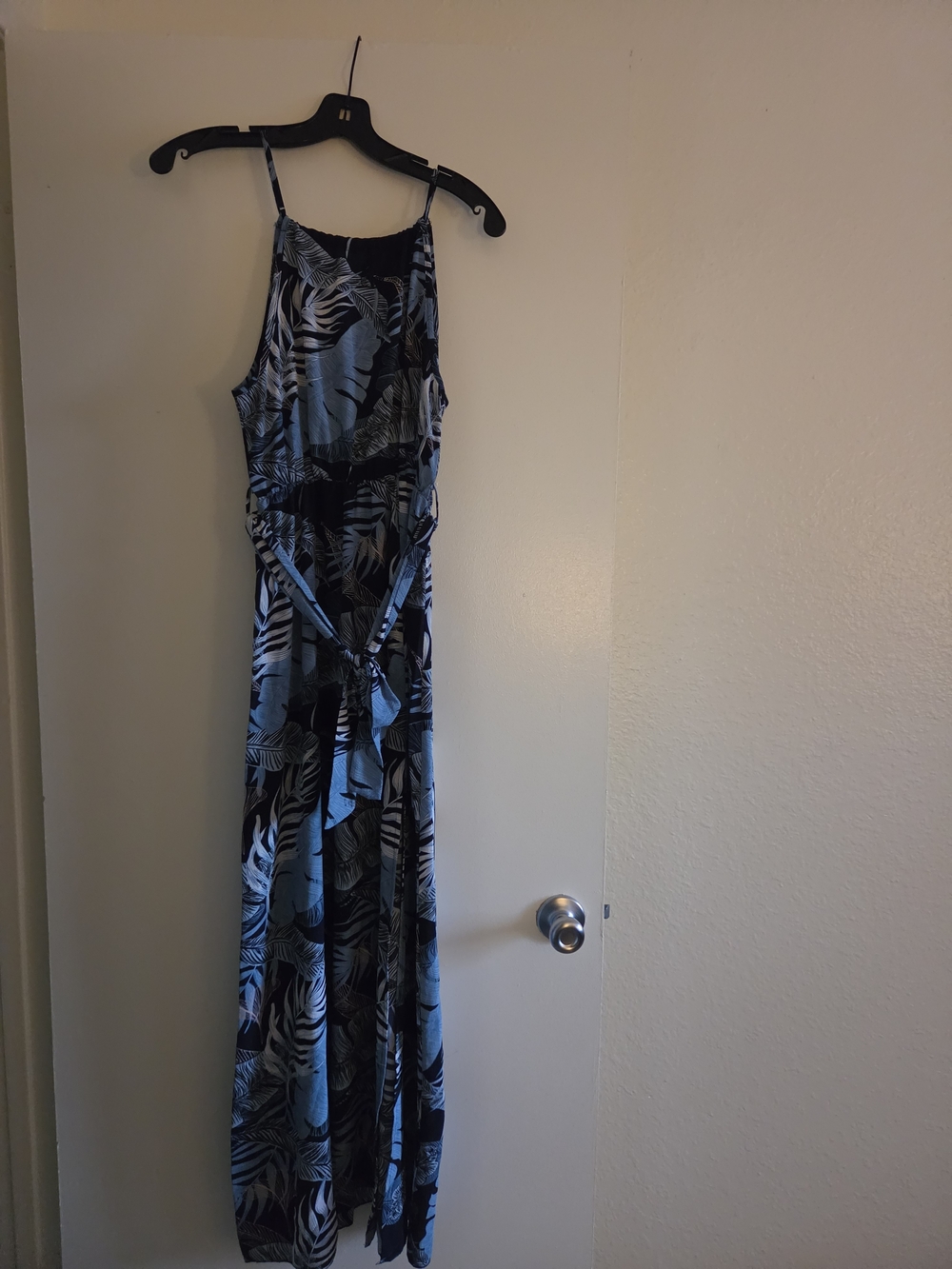Blue Tropical Print Maxi Dress with Waist Tie